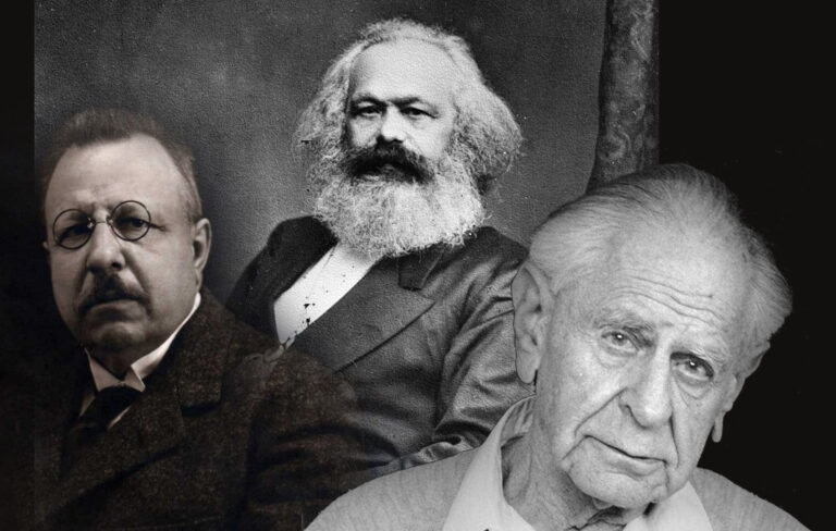 "Ritratti di Benedetto Croce, Karl Marx e Karl Popper: confronto simbolico tra idealismo, marxismo e critica liberale.