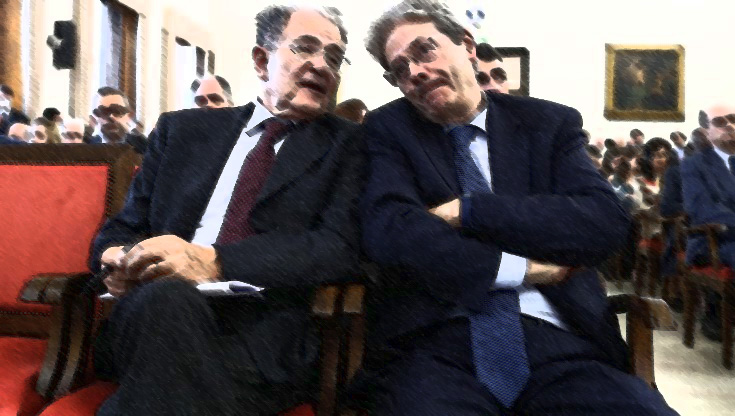 Delrio e Gentiloni durante un convegno politico sul futuro del centro in Italia.