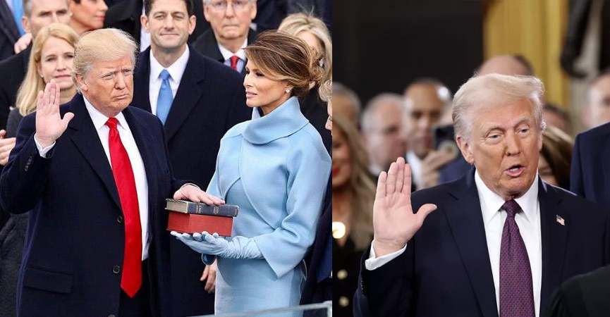 Donald Trump durante il giuramento presidenziale con la mano sulla Bibbia tenuta da Melania Trump, circondato da membri del governo e funzionari.
