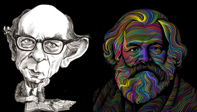 Caricature artistiche di Isaiah Berlin e Karl Marx, rappresentati con stili grafici contrastanti.