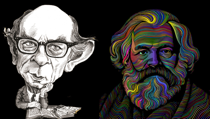 Caricature artistiche di Isaiah Berlin e Karl Marx, rappresentati con stili grafici contrastanti.