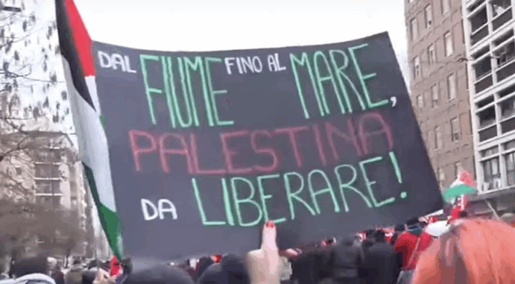 Manifestazione pro-Palestina: cartello sollevato tra la folla.