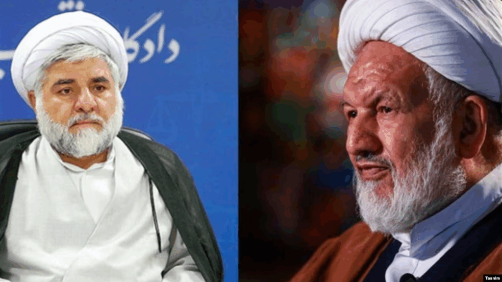 Due giudici religiosi iraniani in abito tradizionale; primi piani su sfondo istituzionale e decorativo.