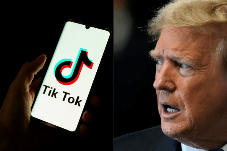 Smartphone con logo TikTok e ritratto di Donald Trump, simbolo della controversia politica e legale negli Stati Uniti sull’app cinese.