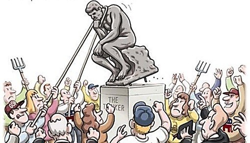 Vignetta satirica che mostra una folla inferocita intenta a rovesciare la statua del Pensatore di Rodin, simbolo dell’attacco alla riflessione e alla cultura da parte dell’anti-intellettualismo
