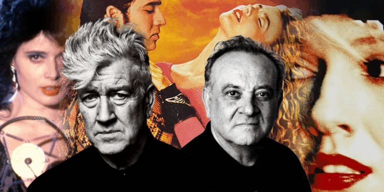 David Lynch e Angelo Badalamenti davanti a collage di immagini iconiche delle loro opere cinematografiche e musicali