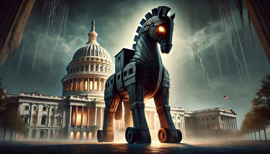 Illustrazione di un cavallo di Troia futuristico con occhi illuminati davanti al Campidoglio degli Stati Uniti, sotto un cielo tempestoso.