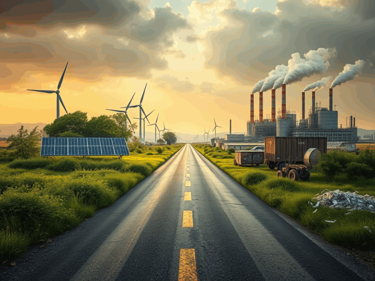 Strada che divide paesaggio industriale con centrali a carbone da un paesaggio verde con pale eoliche e pannelli solari, simbolo della transizione ecologica.