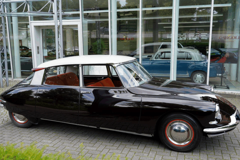 Auto d’epoca Citroën DS esposta davanti a una vetrina, esempio iconico di stile e design automobilistico del Novecento