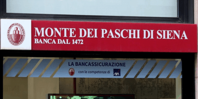 Insegna della banca Monte dei Paschi di Siena, fondata nel 1472, su una filiale italiana