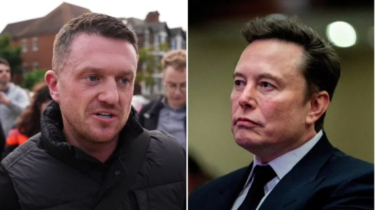 Due figure centrali nel dibattito politico britannico contemporaneo, ritratte in un montaggio: da un lato un attivista di destra in contesto urbano, dall'altro un imprenditore influente in ambito tecnologico e politico, in posa seria.