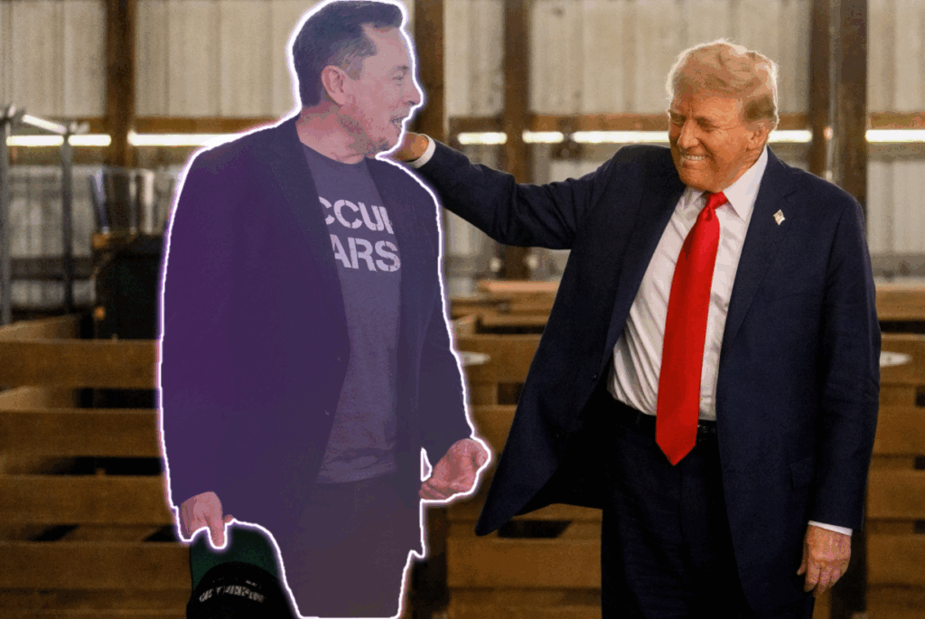 Due figure maschili, Musk e Trump, in un capannone industriale, una in abito formale con cravatta rossa, l’altra in abbigliamento casual con una maglietta scura.