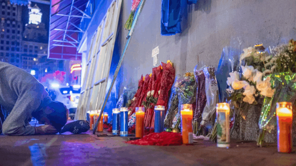 Uomo inginocchiato accanto a un memoriale con candele accese, fiori e luci blu, in ricordo delle vittime di un attacco.