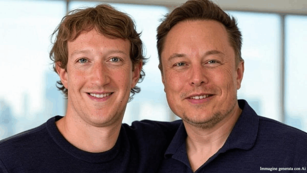 Due imprenditori tecnologici, Musk e Zuckerberg, sorridono insieme in un ambiente moderno e luminoso.