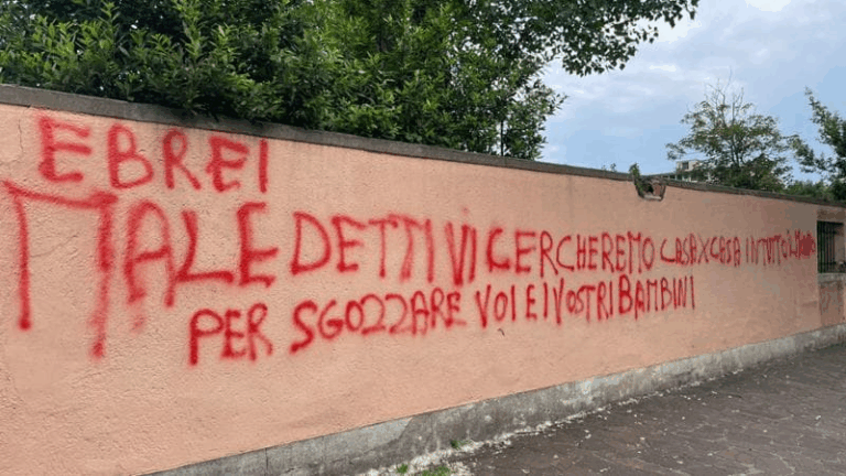 Scritte antisemite su un muro con vernice rossa: esempio di odio contro gli ebrei nello spazio pubblico.