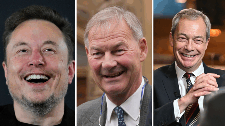 "Montaggio con Elon Musk, Rupert Lowe e Nigel Farage sorridenti in tre riquadri separati."