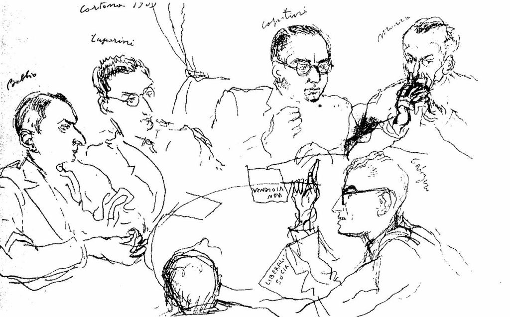 “Disegno a inchiostro raffigurante un gruppo di intellettuali in dialogo attorno a un tavolo, tra cui Guido Calogero.”