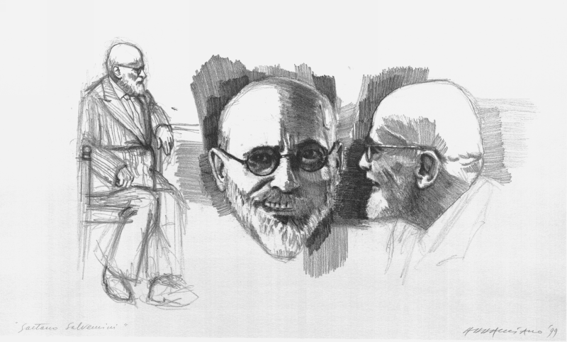 Illustrazione in bianco e nero di Gaetano Salvemini in diversi ritratti: di profilo seduto, frontale e laterale, in uno stile grafico espressivo."