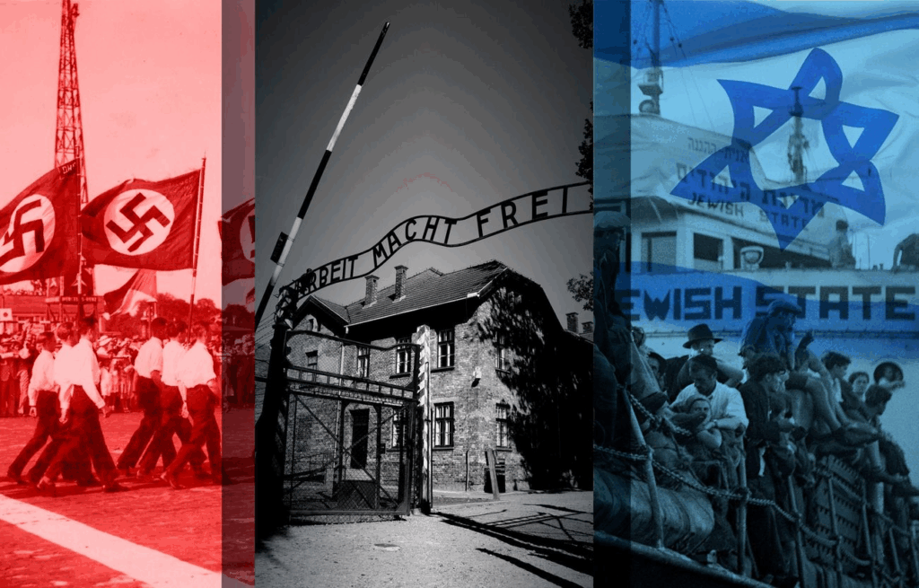 Composizione visiva con bandiere naziste a sinistra, cancello di Auschwitz al centro, bandiera israeliana e stella di David a destra