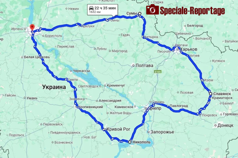 Mappa del viaggio in Ucraina centrale e orientale con itinerario evidenziato, pubblicata come parte di uno speciale reportage di guerra.