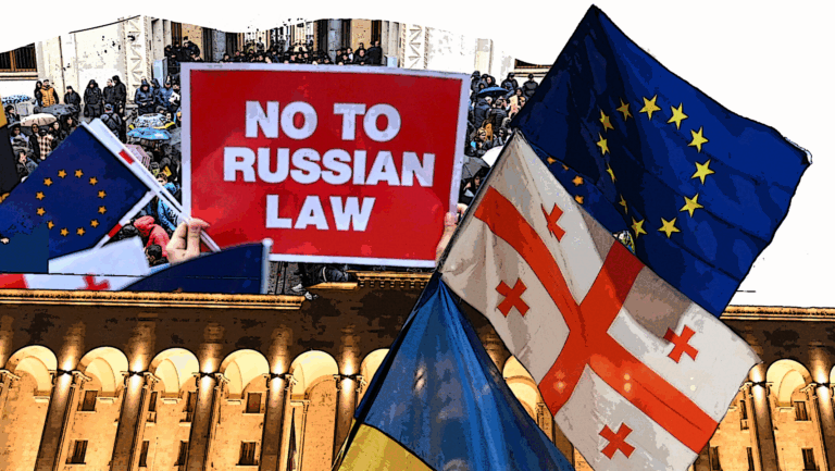 Proteste in Georgia contro la legge filorussa, con cartelli 'No to Russian law' e bandiere georgiane ed europee