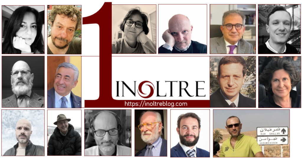 Collage celebrativo per il primo anno di Inoltre Blog con le foto di autori e collaboratori