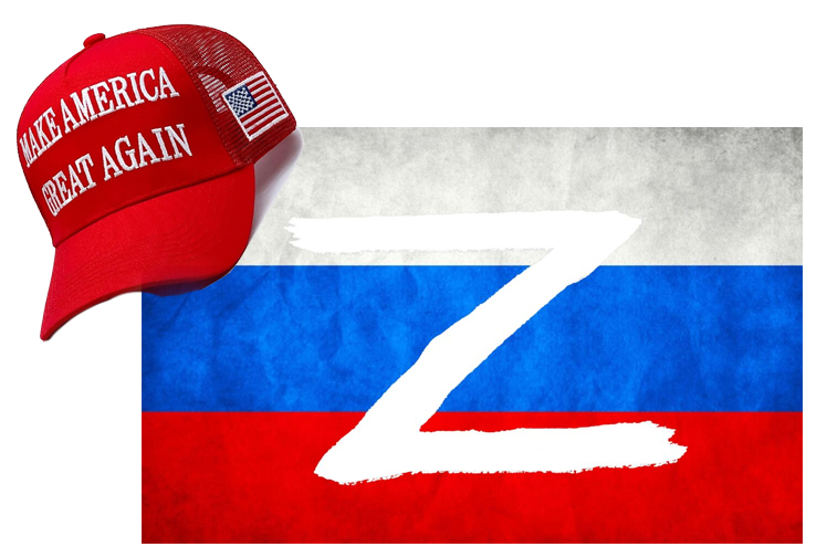 Cappellino MAGA su bandiera russa con simbolo Z, a simboleggiare la convergenza tra ideologie autocratiche americane e russe.