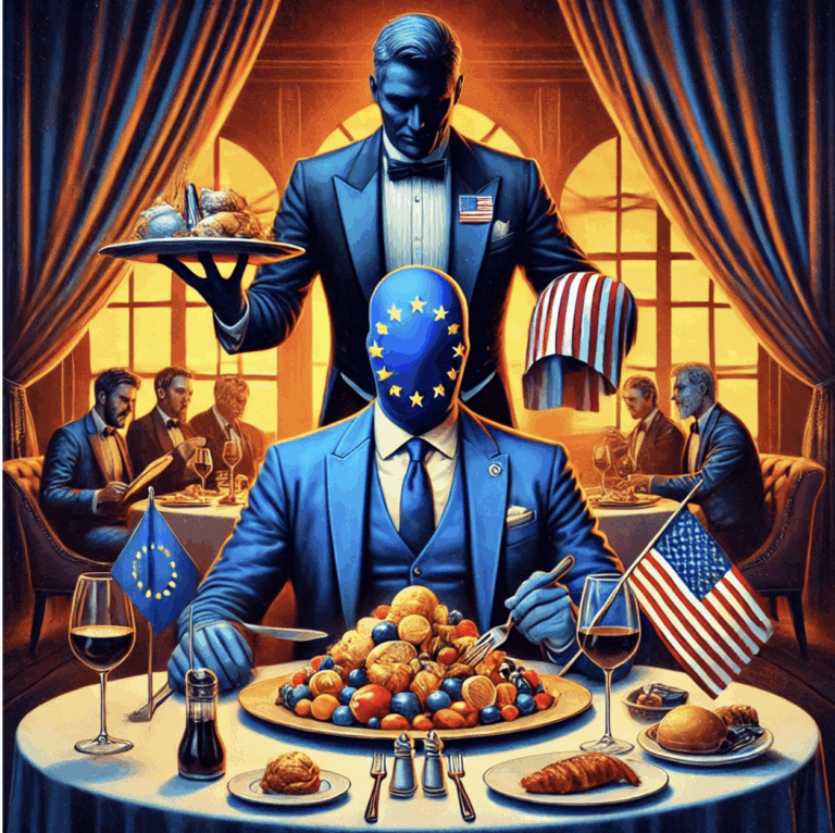 Illustrazione satirica dell'Europa a tavola servita dagli Stati Uniti, simbolo del rapporto di dipendenza strategica e della crisi dell'egemonia americana.