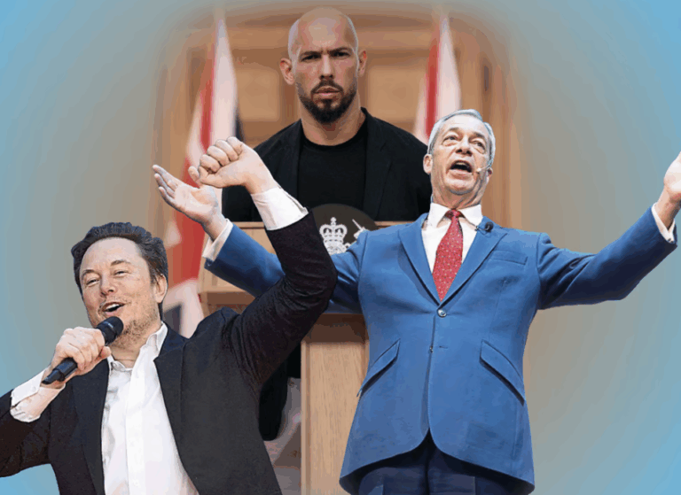 Elon Musk, Andrew Tate e Nigel Farage simboli dell’estrema destra e della propaganda sulla mascolinità tossica e la disinformazione.