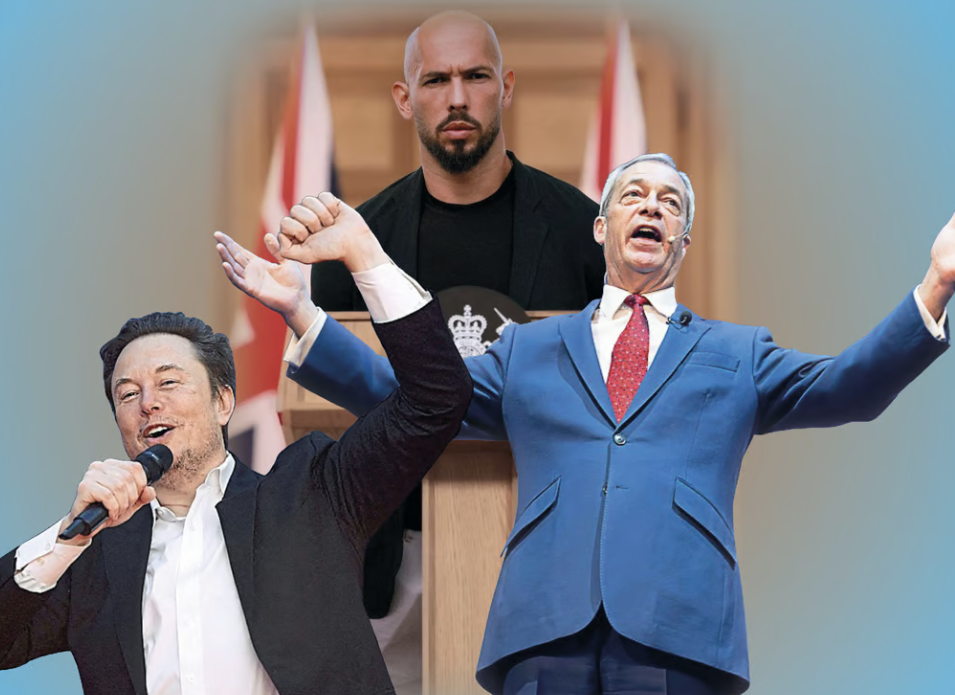 Elon Musk, Andrew Tate e Nigel Farage simboli dell’estrema destra e della propaganda sulla mascolinità tossica e la disinformazione.