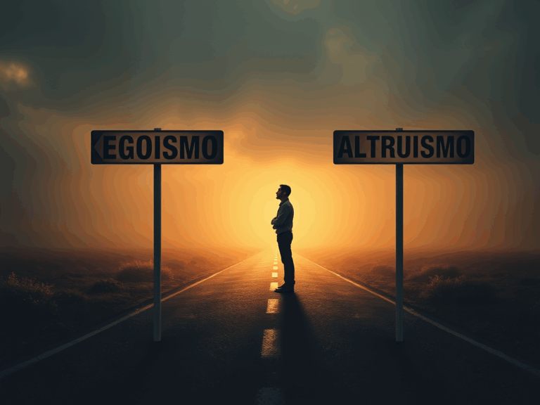 Persona in piedi al bivio tra due strade con cartelli “Egoismo” e “Altruismo”, al tramonto, simbolo di scelta morale ed etica.