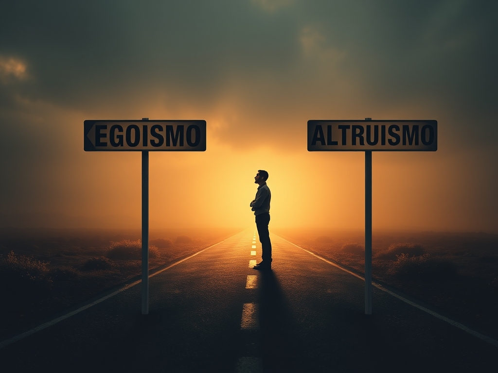 Persona in piedi al bivio tra due strade con cartelli “Egoismo” e “Altruismo”, al tramonto, simbolo di scelta morale ed etica.