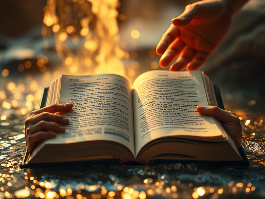 Mani che tengono un libro sacro aperto con luce dorata sullo sfondo, simbolo di interpretazione spirituale e rivelazione metaforica.