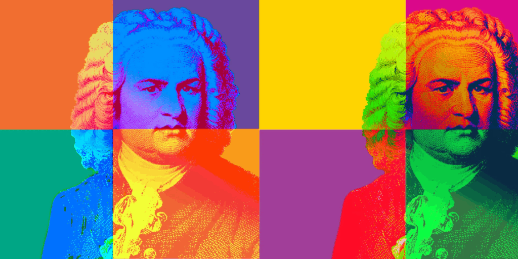 Ritratto pop art di Johann Sebastian Bach in stile Andy Warhol, con colori vivaci a contrasto su sfondo a blocchi quadrati.