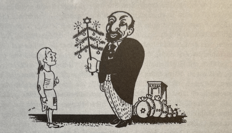 Vignetta satirica in bianco e nero che mostra un uomo calvo e corpulento, in abiti da capitalista, porgere un albero di Natale stilizzato a una bambina. Dietro di lui un carro armato e una pila di cadaveri suggeriscono un contesto di violenza o sfruttamento.