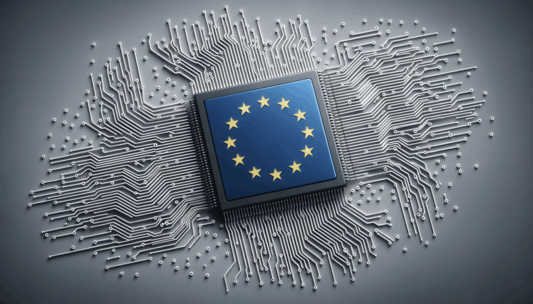Intelligenza artificiale europea rappresentata da Microchip con bandiera dell'Unione Europea al centro
