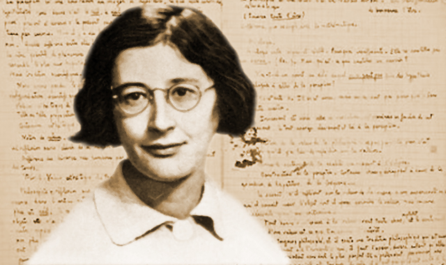 Ritratto di Simone Weil con sfondo manoscritto, pensatrice francese del Novecento nota per il suo impegno etico, filosofico e spirituale