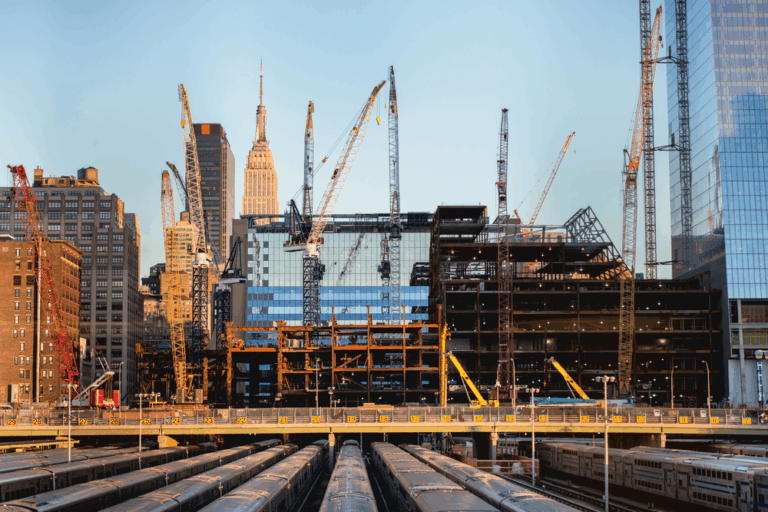Cantiere di grattacieli a Manhattan, New York, con gru in primo piano e skyline sullo sfondo al tramonto.