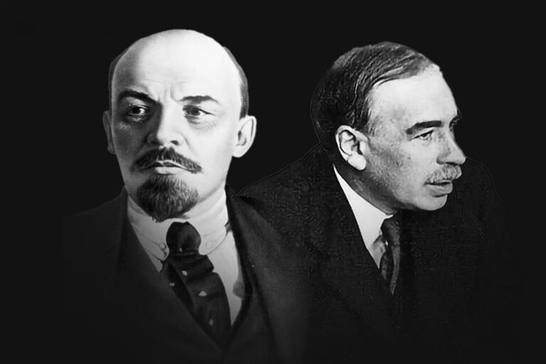 Ritratti affiancati di Lenin e John Maynard Keynes, simboli del confronto tra comunismo e capitalismo nel XX secolo