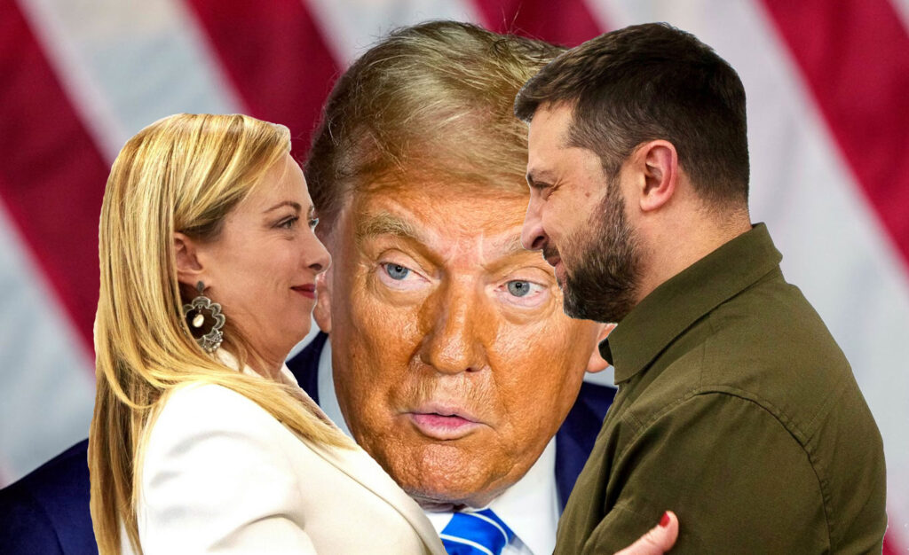 Meloni, Zelensky si fronteggiano, sullo sfondo Trump, simbolicamente rappresentando tensioni politiche internazionali.