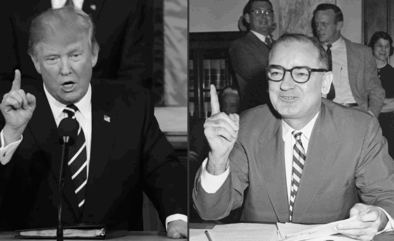 Confronto visivo tra Donald Trump e Joseph McCarthy, simboli di repressione politica negli USA