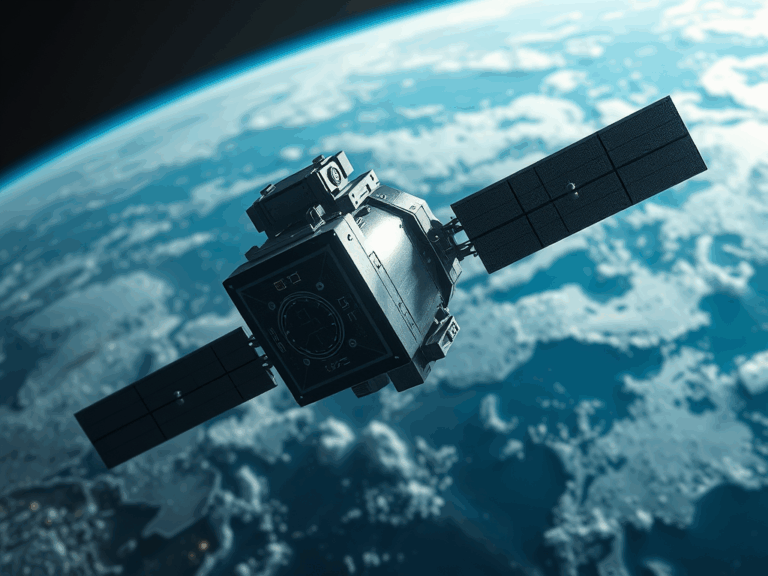 Satellite in orbita terrestre con vista sul pianeta dallo spazio