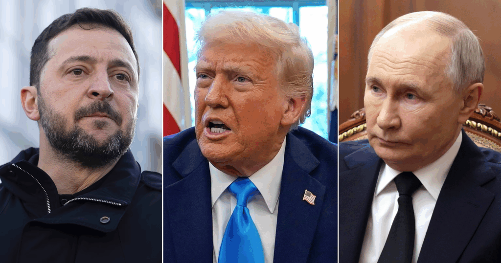 Volodymyr Zelensky, Donald Trump e Vladimir Putin in tre riquadri affiancati, simbolo delle tensioni geopolitiche legate al conflitto in Ucraina