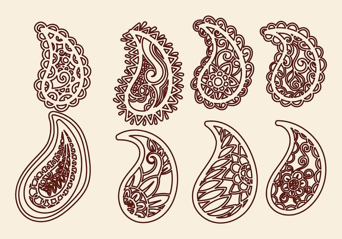 Illustrazione di otto motivi decorativi Paisley, in stile tradizionale, con disegni intricati a forma di goccia ricurva su sfondo beige
