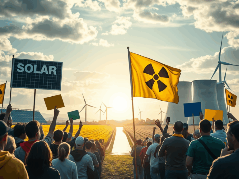 Manifestanti con cartelli a favore dell'energia solare e del nucleare, sullo sfondo pale eoliche e una centrale, simbolo del dibattito energetico.