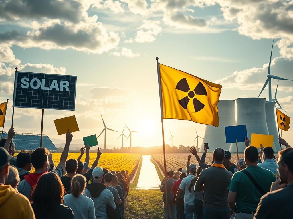 Manifestanti con cartelli a favore dell'energia solare e del nucleare, sullo sfondo pale eoliche e una centrale, simbolo del dibattito energetico.