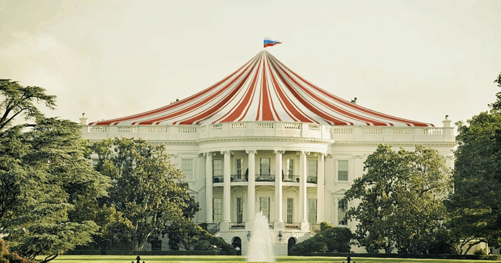 La Casa Bianca trasformata in un tendone da circo: metafora visiva della crisi della leadership americana sotto l’amministrazione Trump.