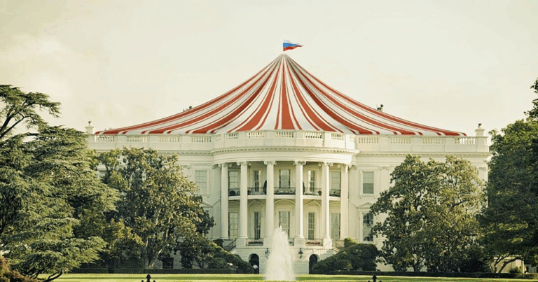 La Casa Bianca trasformata in un tendone da circo: metafora visiva della crisi della leadership americana sotto l’amministrazione Trump.
