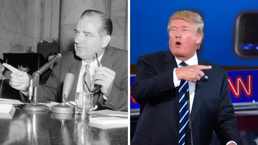 Confronto visivo tra Joseph McCarthy e Donald Trump, simboli di due epoche di repressione ideologica negli Stati Uniti.