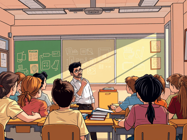 Insegnante che dialoga con studenti in aula scolastica durante una lezione, alla lavagna formule e scritte didattiche.